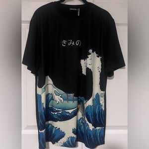 Men's New Chic Short Sleeved Tee With Ocean and Asian Design
